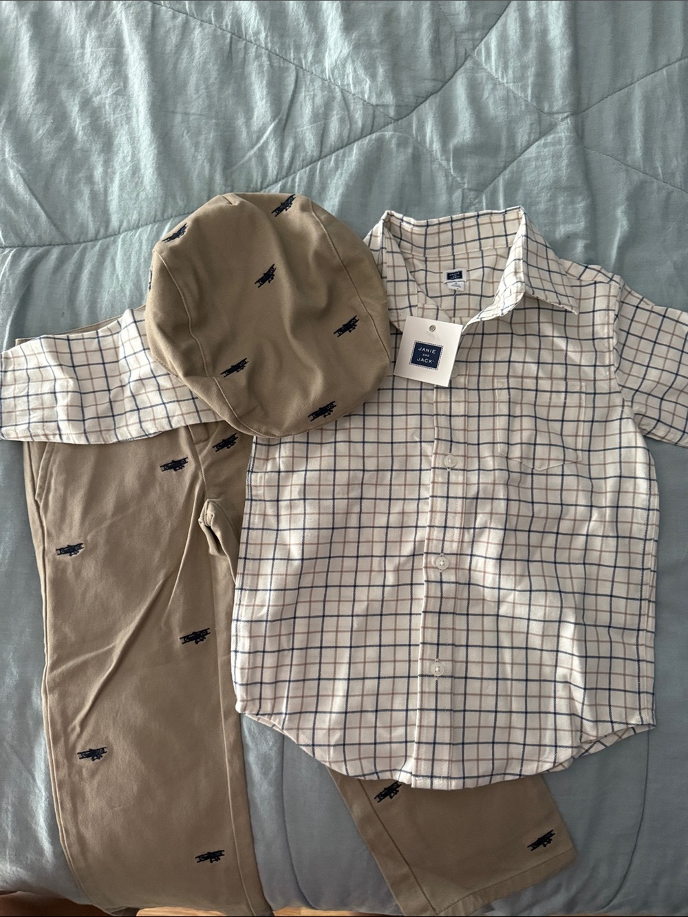 Janie and Jack Beige Plaid Button-Down Shirt with Tan Pants & Cap